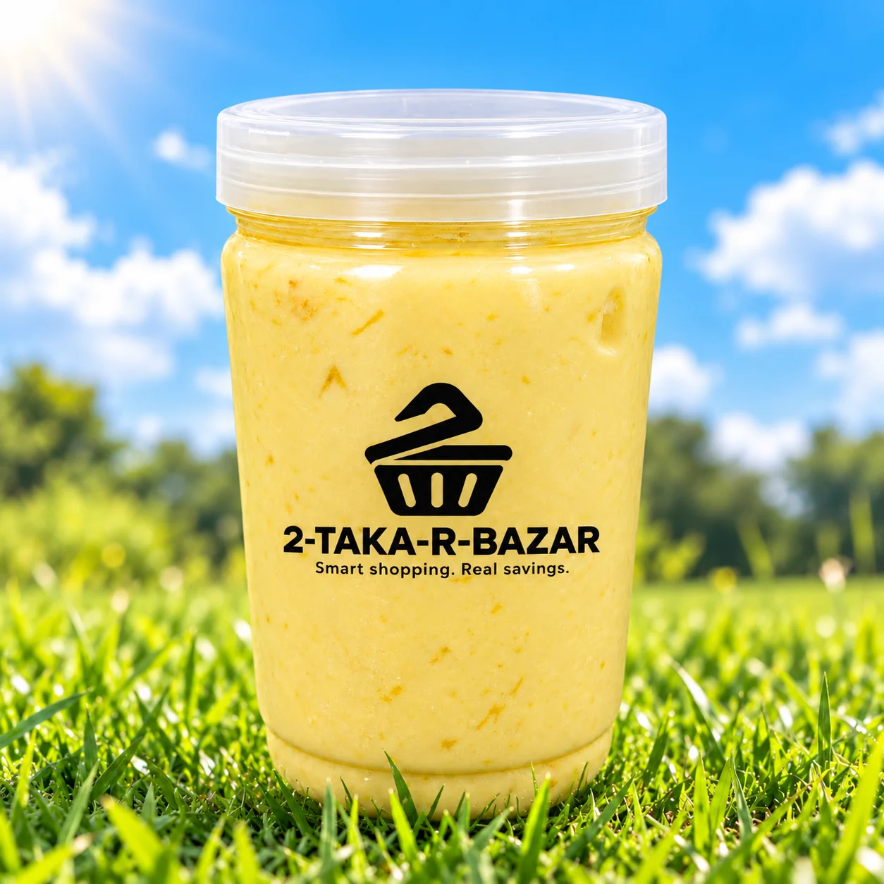 Bangla butter promotional poster showing a yellow butter-filled jar, serving bowl, green decorative elements, shopping information and the 2takarbazar.com website.